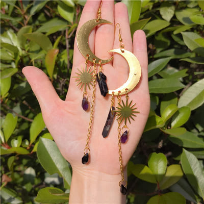 Bohemia Obsidian Sun And Cresent Moon Earrings
