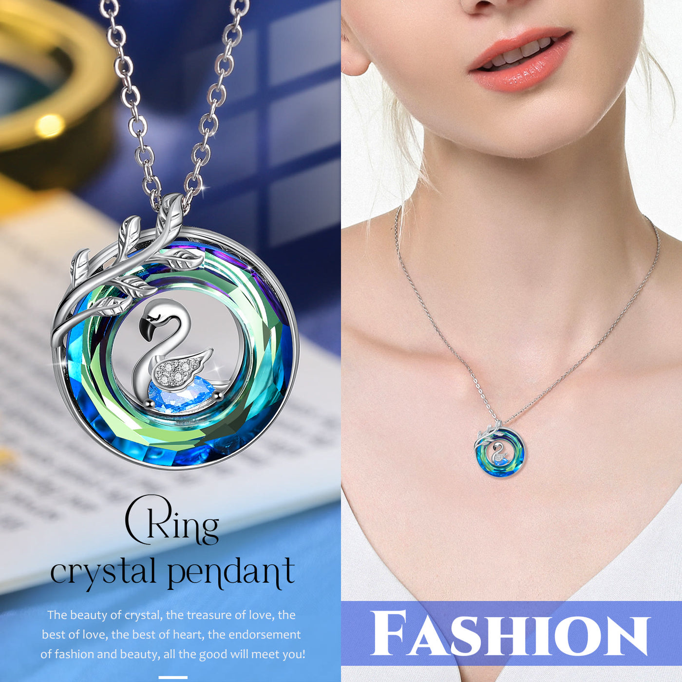Trendy Round Crystal Blue Swan Necklace