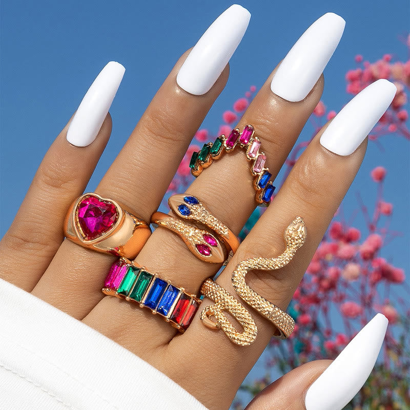 5 Pieces Rhinestone Heart & Snake Ring Set