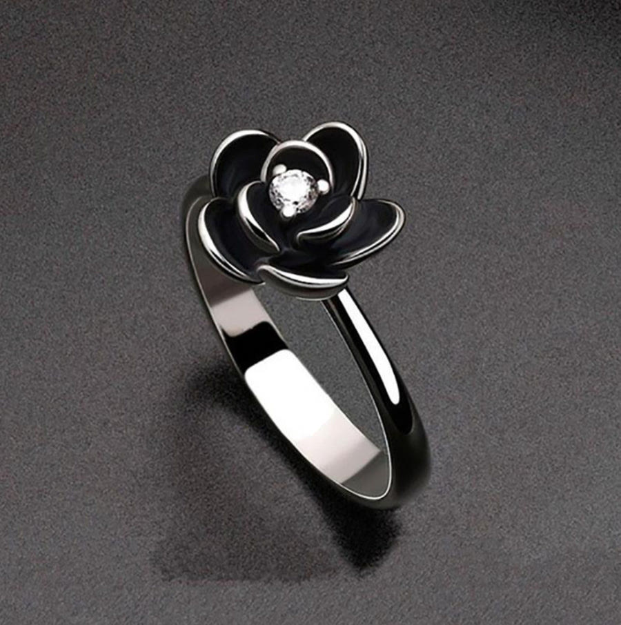 Black Dahlia Flower Zircon Ring