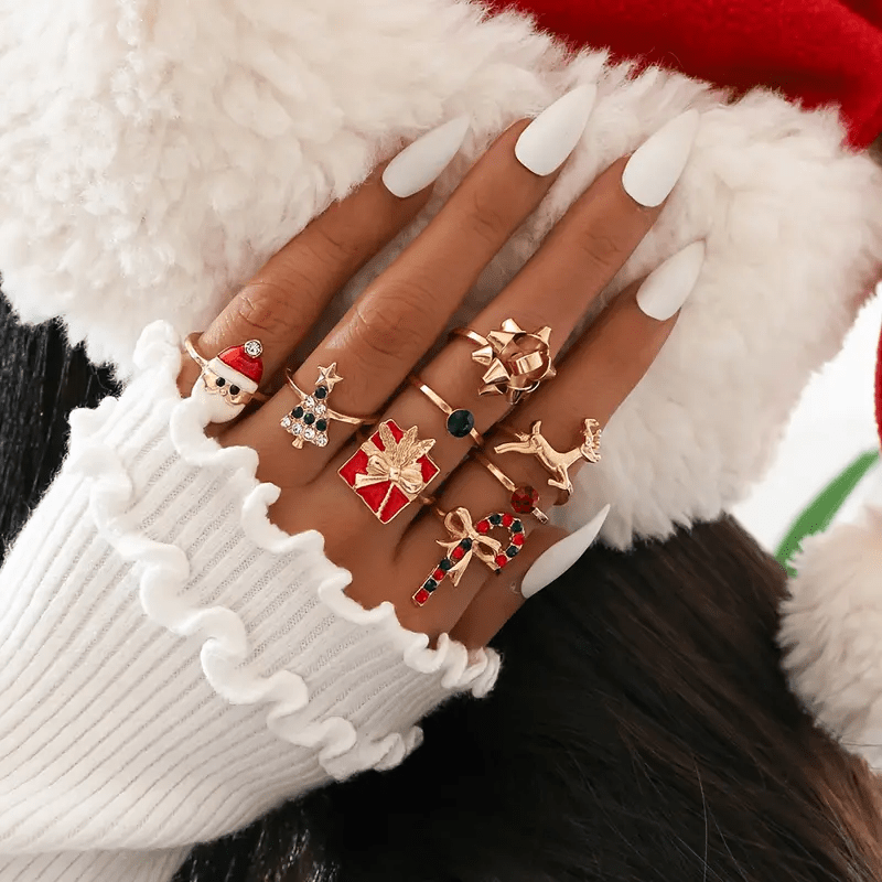 6 Pcs Cute Elk Christmas Tree Adjustable Ring Set