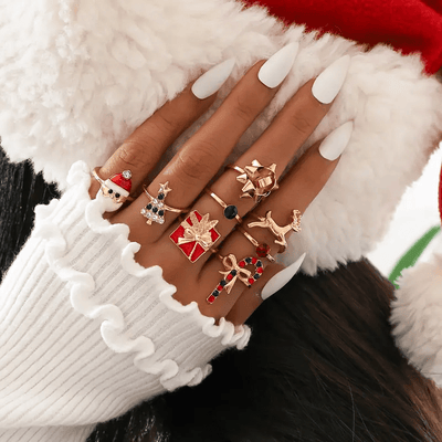 6 Pcs Cute Elk Christmas Tree Adjustable Ring Set