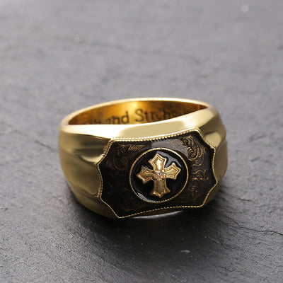 18K Gold Plated Cross Black Onyx Carved Men Ring