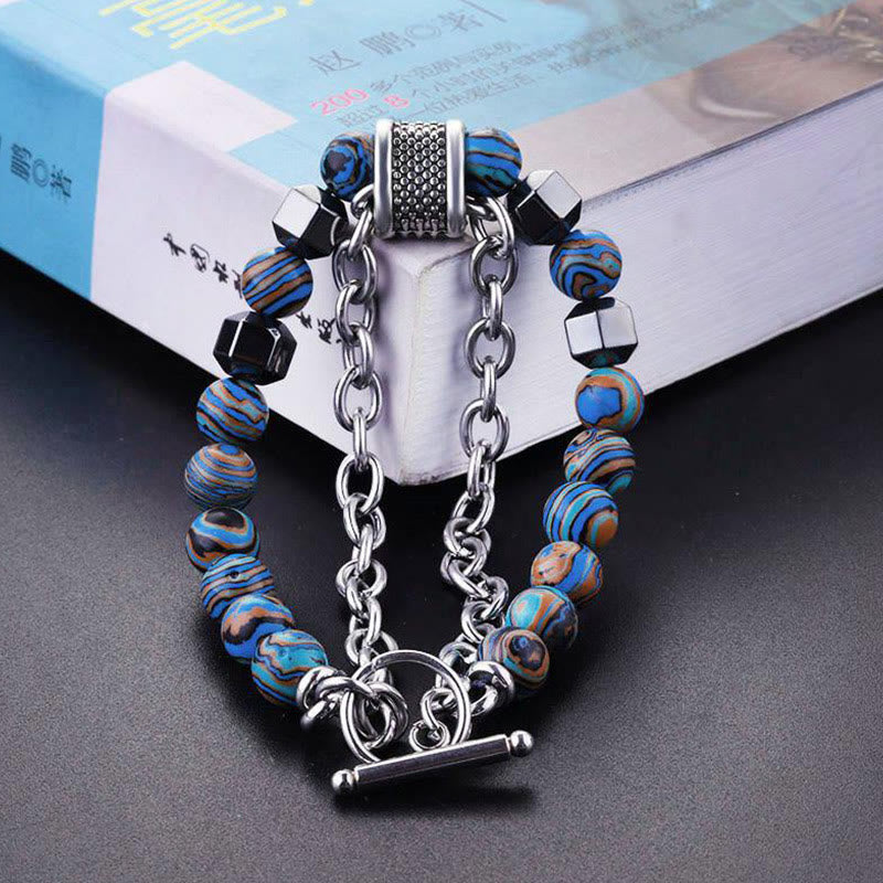 Hip Hop Malachite Metal Beaded Bracelet