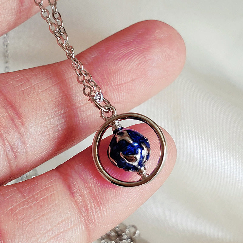 Rotating Blue Globe Enamel Necklace