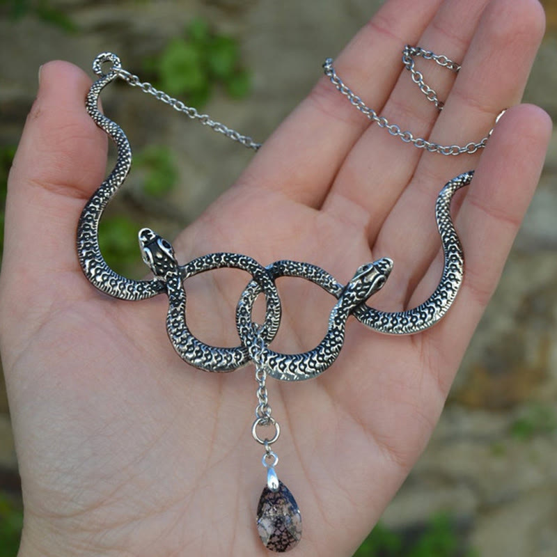 Retro Double Snake Gem Necklace