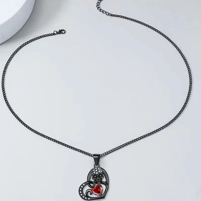 Gothic Black Chain Skull & Red Heart Necklace