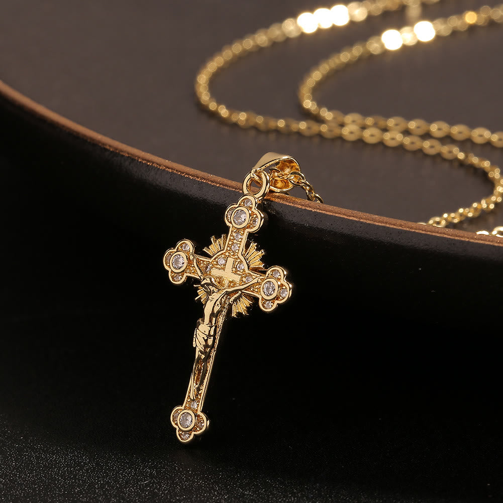 White Zircon Inlay Jesus Cross Pendant Necklace