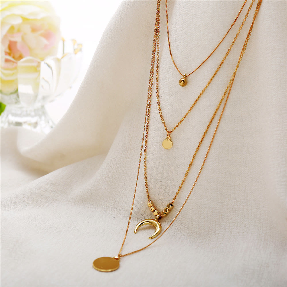 Boho Style Moon Gold Silver Multilayer Pendant Alloy Necklace