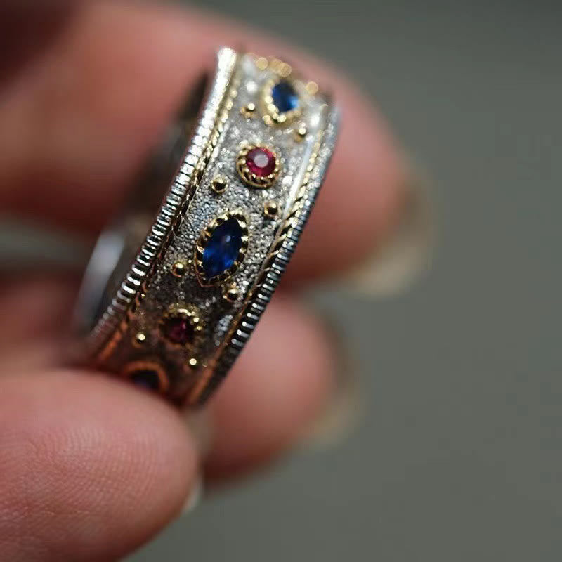 Retro Sapphire with Ruby Plated S925 Silver Ring