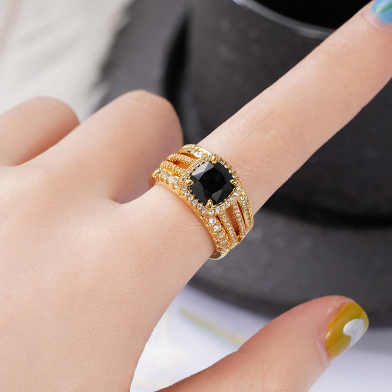 Luxury Female Big Black Square Zircon Ring