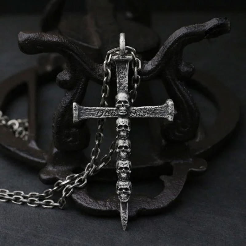 "Deathly" - Five Skulls Cross Necklace