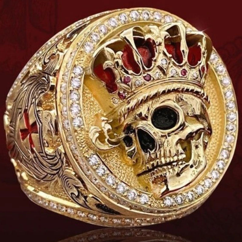 Red Cross with Ruby Crown Skull Ring