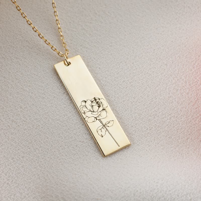 Delicate Carved Nameplate Birth Flower Necklace