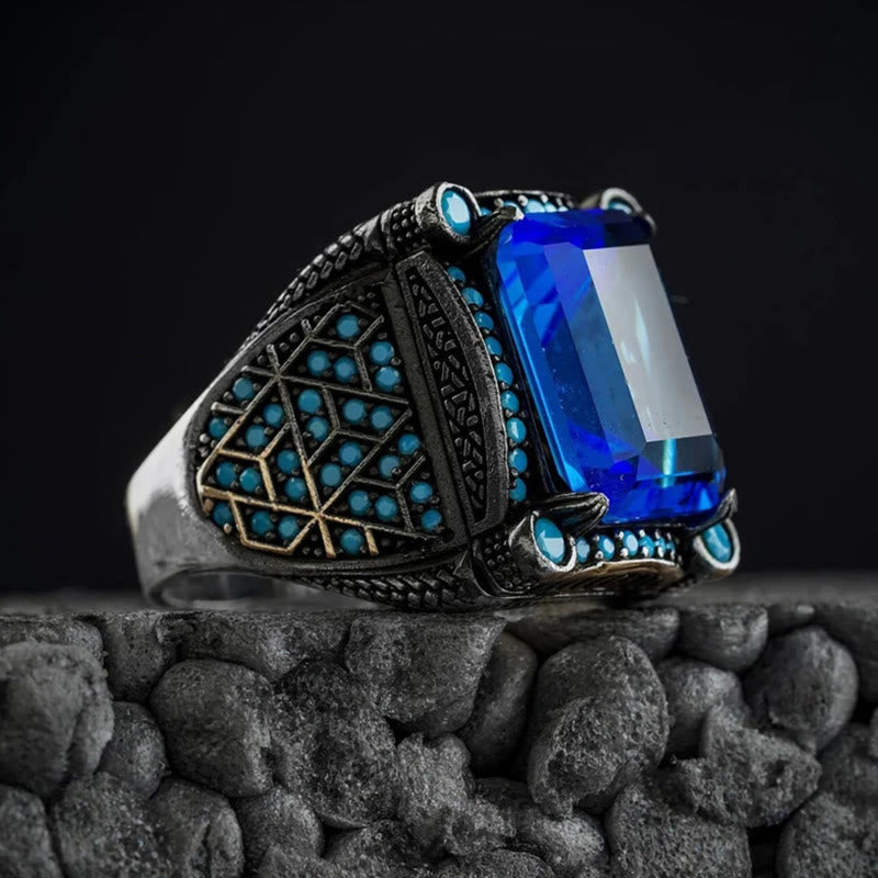 Men's Retro Silver Sapphire Gemstone Bussiness Ring