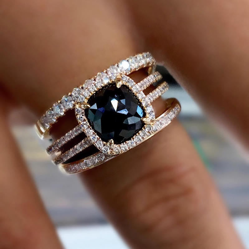 Luxury Female Big Black Square Zircon Ring