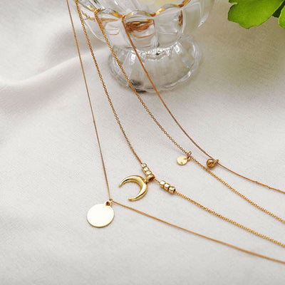 Boho Style Moon Gold Silver Multilayer Pendant Alloy Necklace