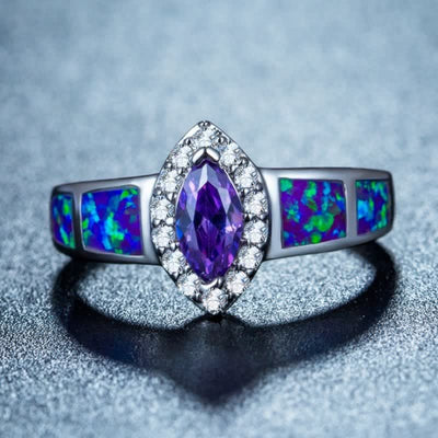 ”Gemstone of Sea" - Vintage Blue Opal With Oval Amethyst Ring