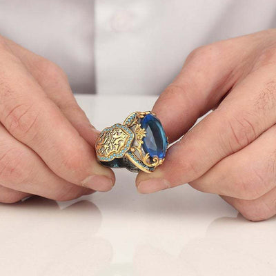 Sapphire & Turquoise Engraved Pattern Gold Plated Ring