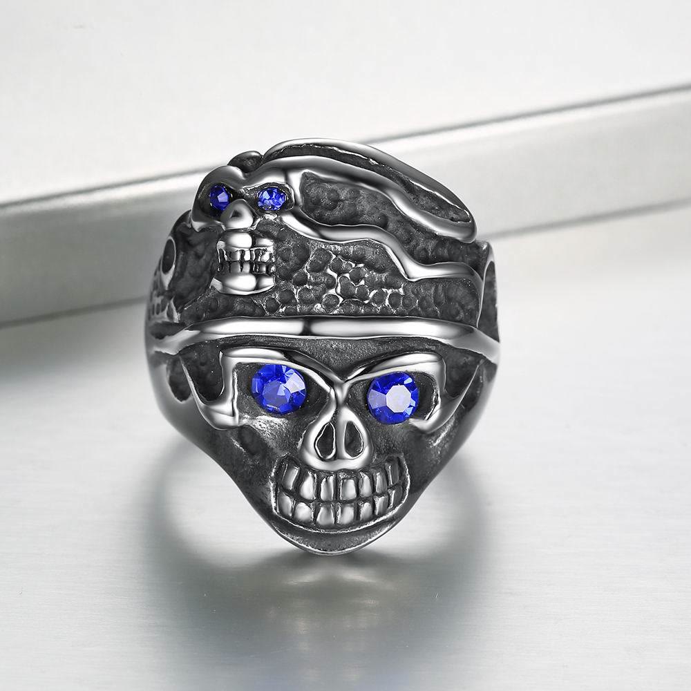 Men Stainless Steel With Sapphire Biker Skull Ring