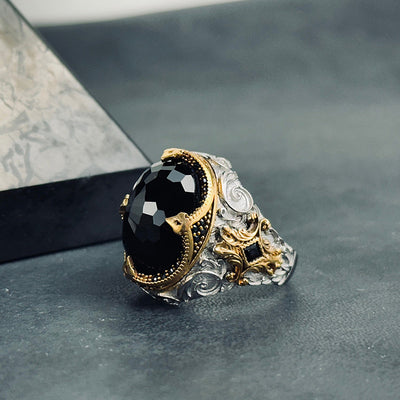 Oval Black Obsidian Rhodium Sterling Silver Engraved Ring
