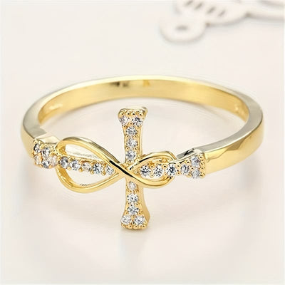 "Light Of Faith" Cross Inlaid Zircon Gold Ring