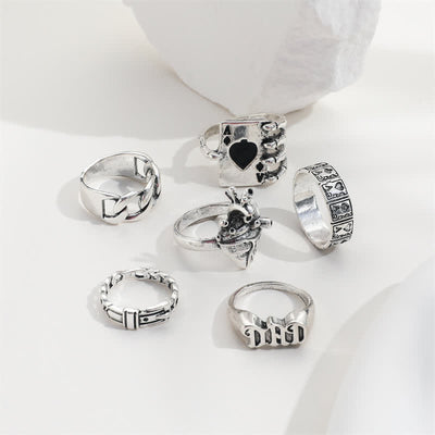 6Pcs Edgy Goth Poker DAD Ring Set