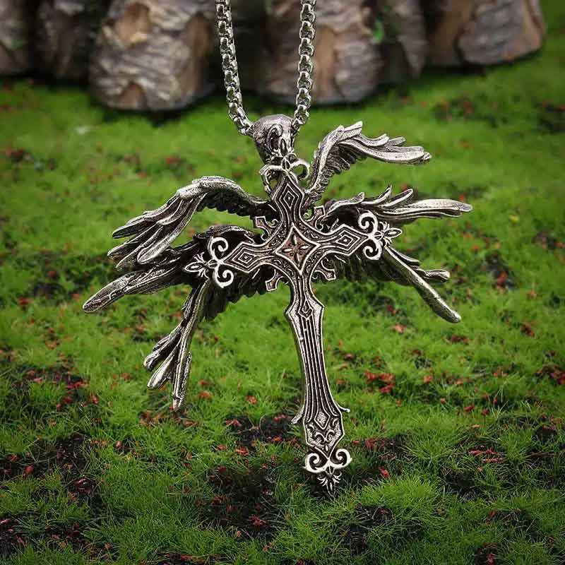 Classic Retro Angel Wings Cross Pendant Necklace