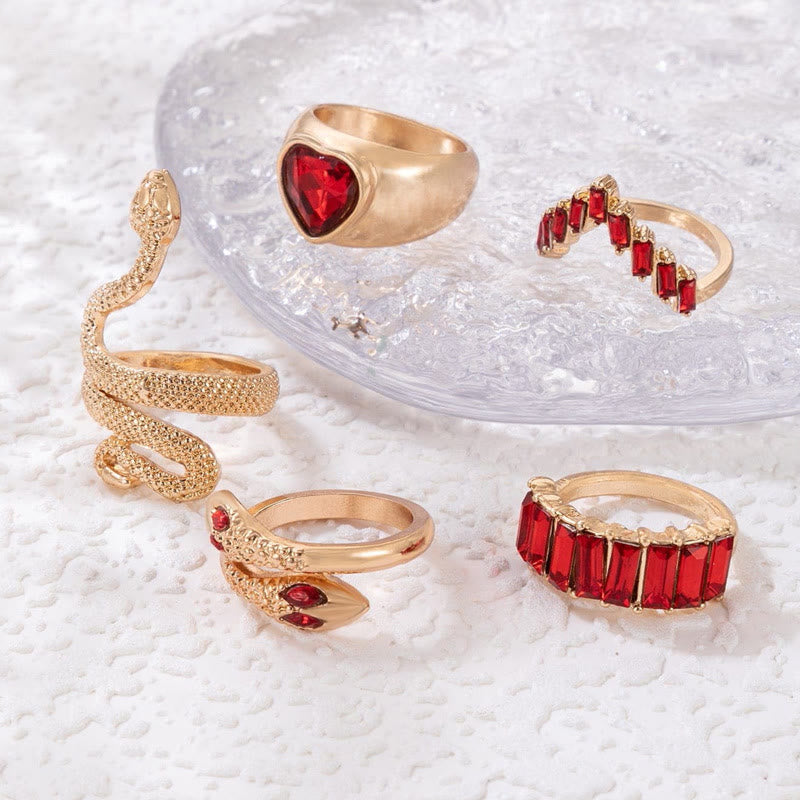 5 Pieces Rhinestone Heart & Snake Ring Set