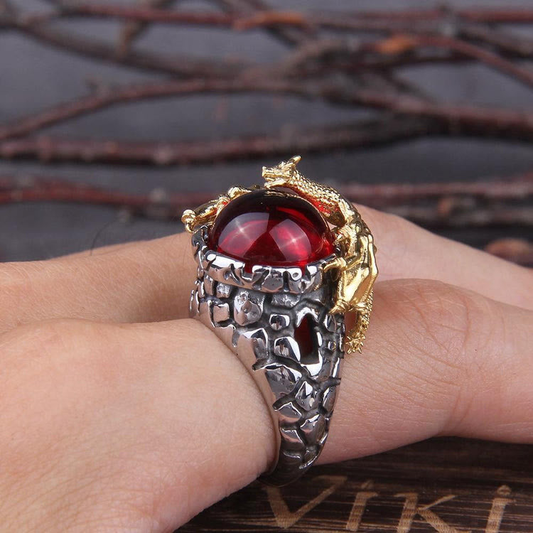 Stainless Steel Guardian Dragon Ruby Ring