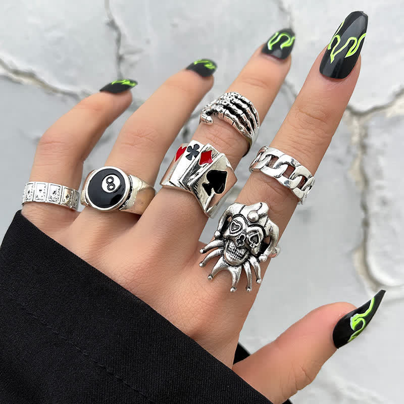 6Pcs Punk Skull Claw Poker Joker Ring Set