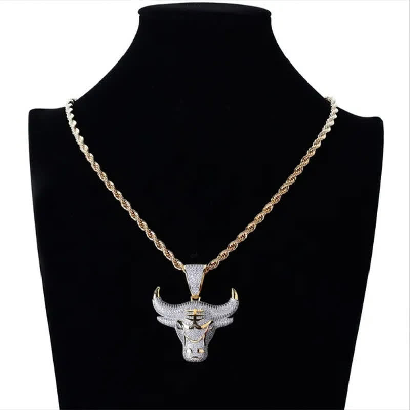 Full Rhinestone Cow Head Bling Ice Out Stainless Steel Necklace