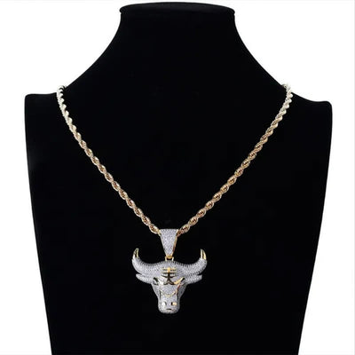 Full Rhinestone Cow Head Bling Ice Out Stainless Steel Necklace