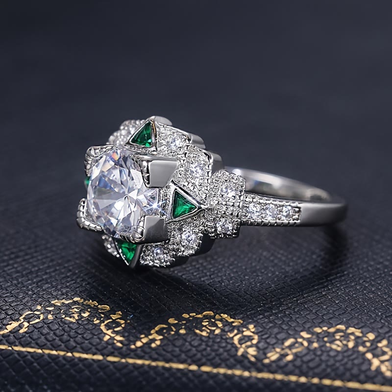 "Emerald Isle" Vintage Cubic Zircon Triangle Emerald Engagement Ring