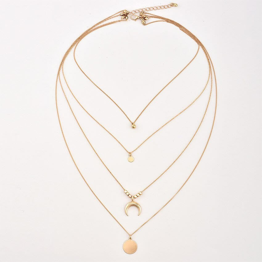 Boho Style Moon Gold Silver Multilayer Pendant Alloy Necklace