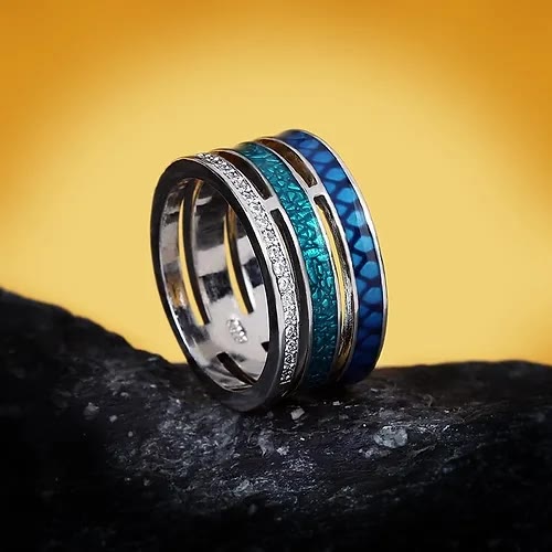 Handmade Three-Layer Blue Zircon Enamel Geometric Ring