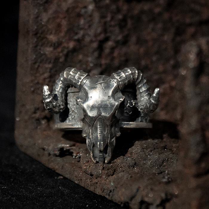 Silver Satan Sheep Head Men's Open Adjustable Ring