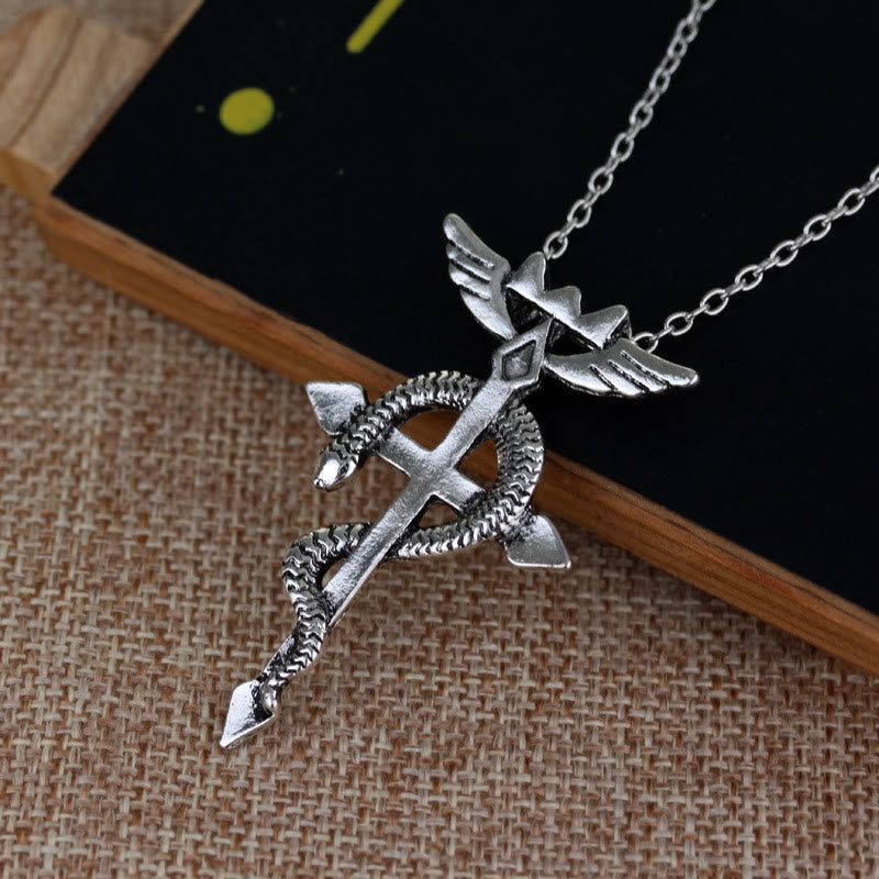 Detached Wings Cross with Snake Greek Caduceus Pendant Necklace