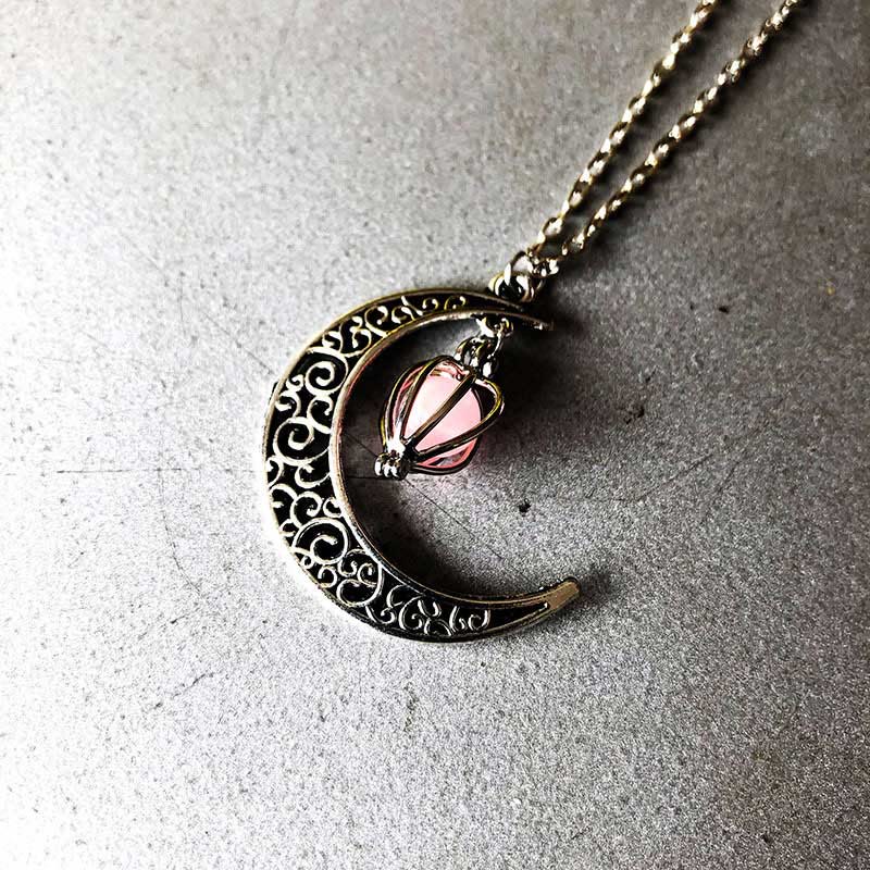 Luminous Bead Birdcage Hollow Moon Necklace