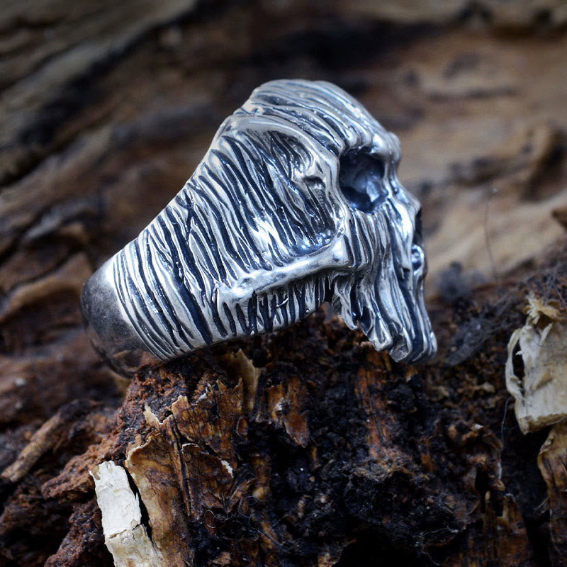 Cool Silver Striped Skull Ring