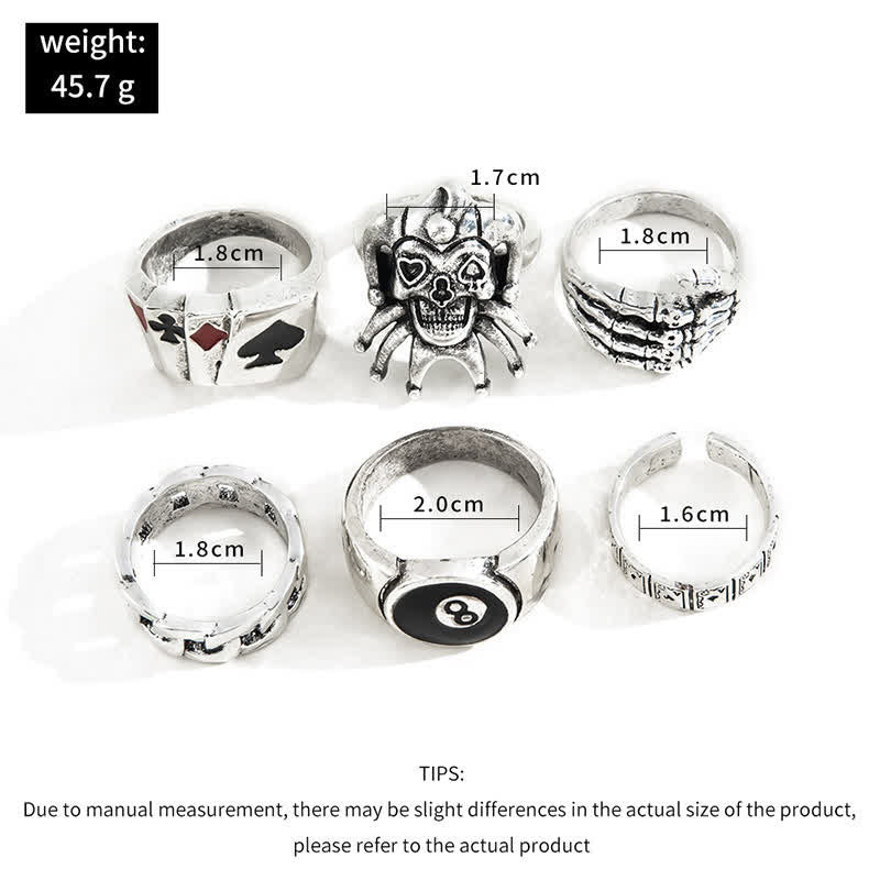 6Pcs Punk Skull Claw Poker Joker Ring Set