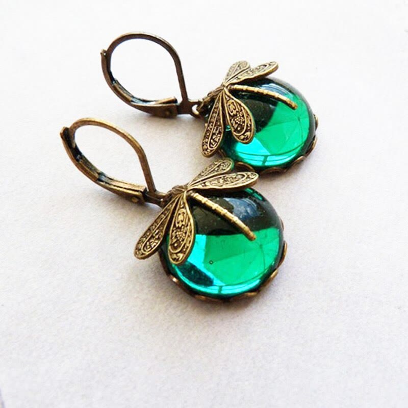 Green Glass Vintage Dragonfly Earrings