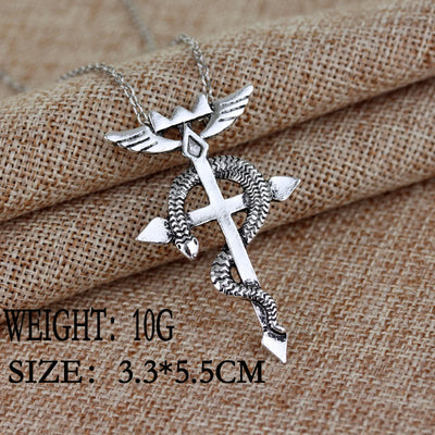 Detached Wings Cross with Snake Greek Caduceus Pendant Necklace