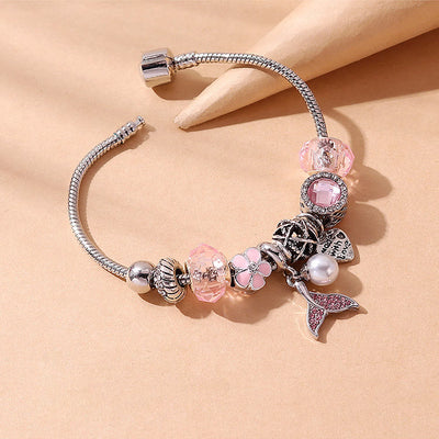 "Made With Love" Letter Pink Mermaid Tail Pearl Pendant Bracelet