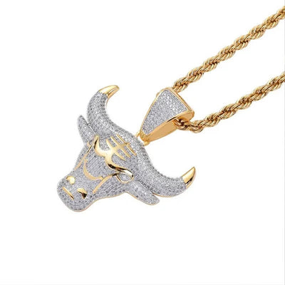 Full Rhinestone Cow Head Bling Ice Out Stainless Steel Necklace