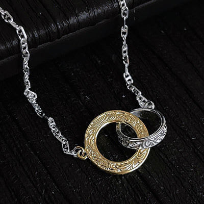 Gold and Silver Double Circle Embossed Grass Necklace