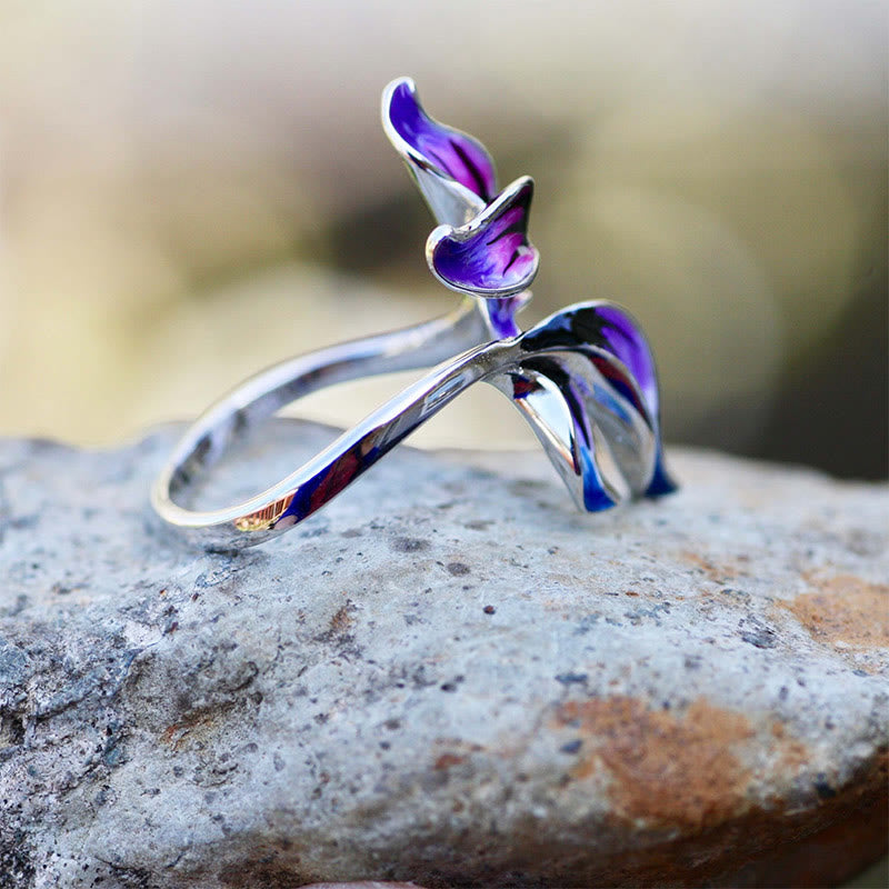 Women Blue Pink Feather Leaves Ring