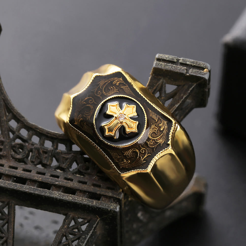 18K Gold Plated Cross Black Onyx Carved Men Ring