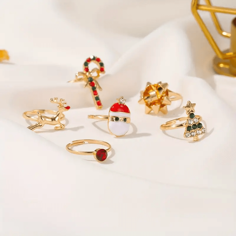 6 Pcs Cute Elk Christmas Tree Adjustable Ring Set