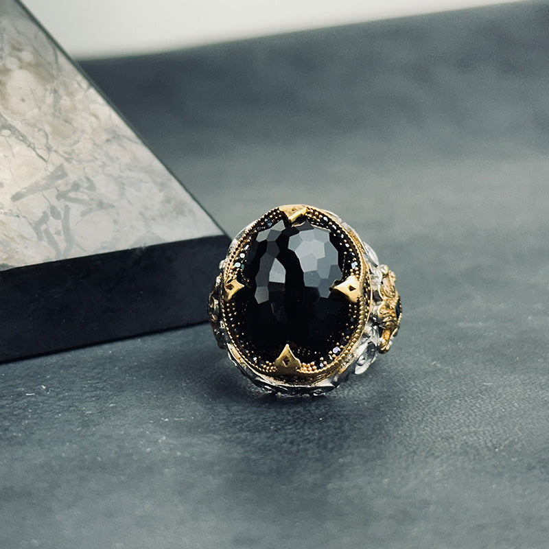 Oval Black Obsidian Rhodium Sterling Silver Engraved Ring